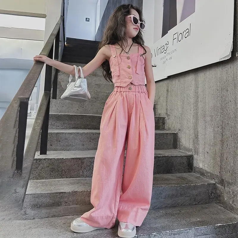 New Fashion Girls Summer Outfit Kids Stylish Denim Top Wide Leg Pants 2PCS Children Casual Clothing