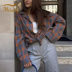 2024 Vintage Oversized Plaid Shirt Women Autumn Winter Pink Ruffles Long Sleeve Loose Fit Blouse Tops Female Button Down Shirt