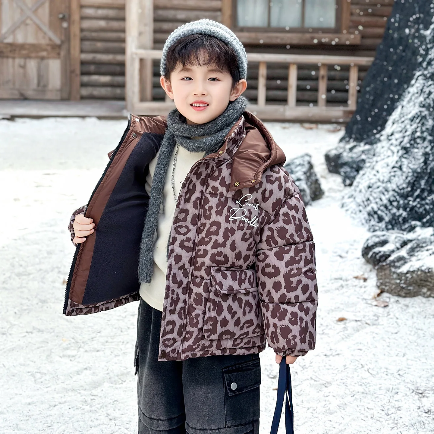 

Boys' Fce Lined Cotton Jaet Leopard Print Winter Coat Warmth Protection Children's Outerwear Thiened Waterproof Zipper