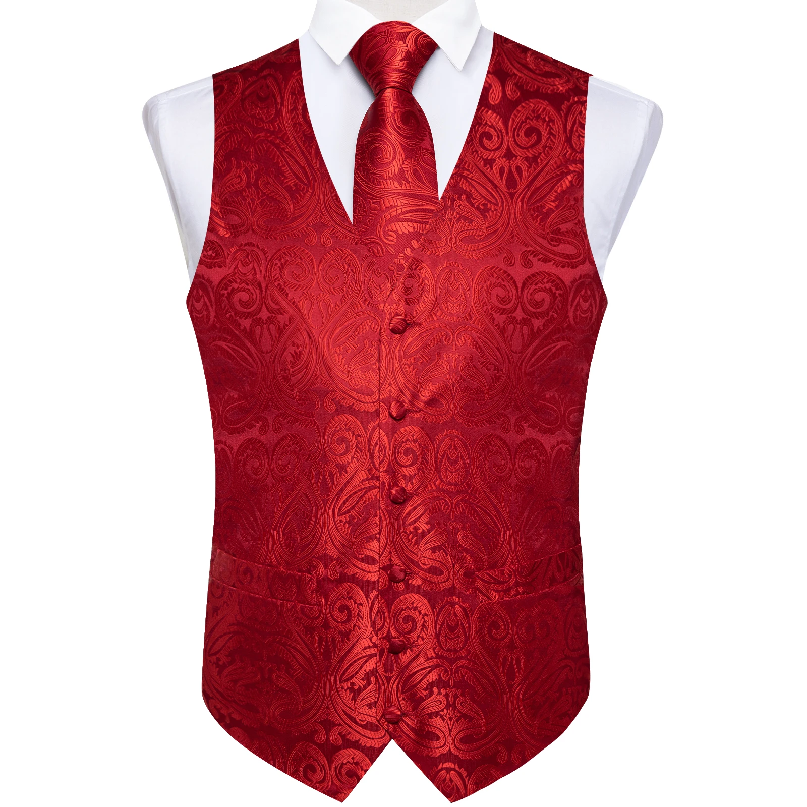 Gilet Paisley de luxe rouge pour hommes, gilet formel de mariage, cravate, poches carrées, boutons de manchette, Business, livraison gratuite