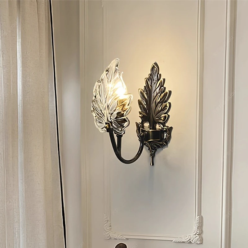 

European Retro Black Gold Copper Base Wall Lamps Transparent Maple Leaf Glass Lights Living Room Bedroom Hotel Corridor Sconces