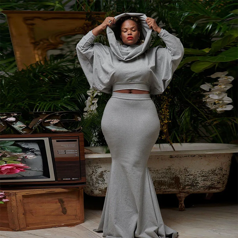 

Women High Waist Mermaid Midi Maxi Skirt and Batwing Long Sleeve Hooded Top Sexy Two 2 Piece Dress Sets Outfits