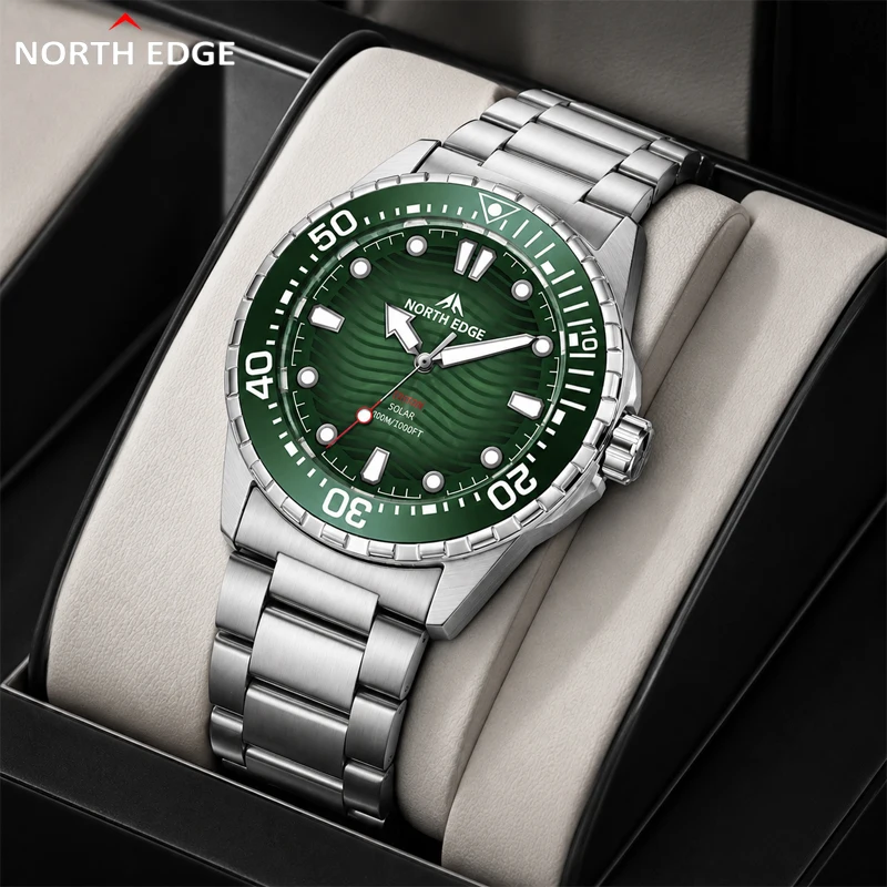 NORTH EDGE 2026 New TRITON Solar Powered Dive Watch Men Luxury Quartz Watches for Men 316L Stainless Steel Case Waterproof 300m