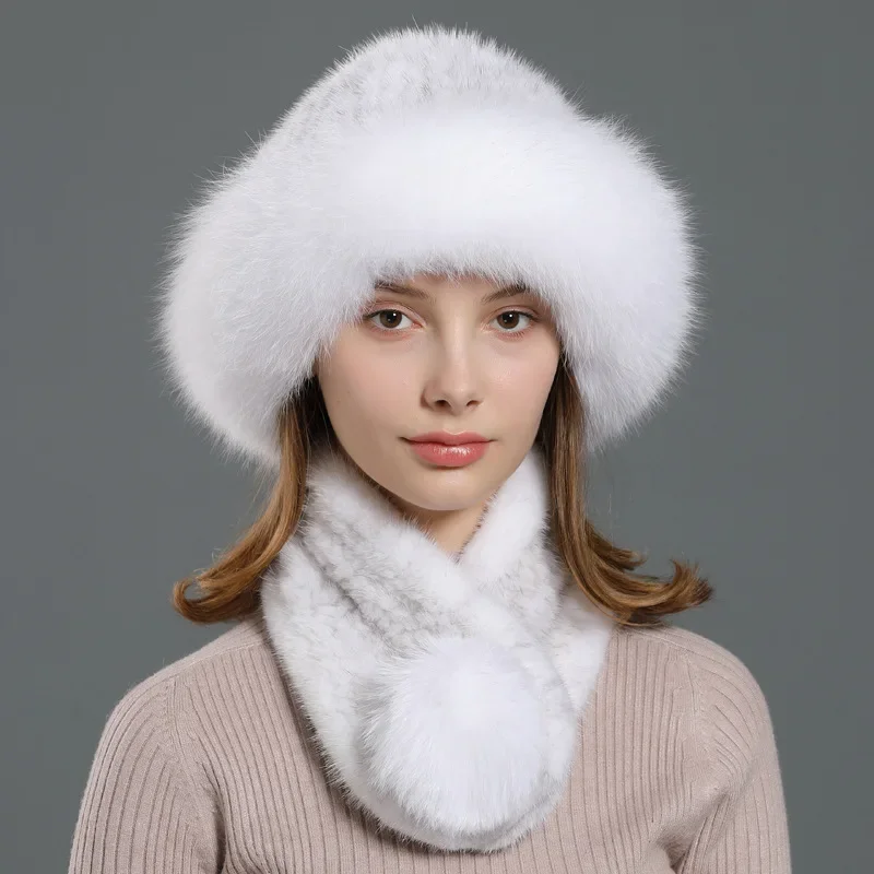 Hat Women's Winter Warm Mink Hair Hat Set Fox Hair Pot Hat Fur Hat European and American Fashion Trends