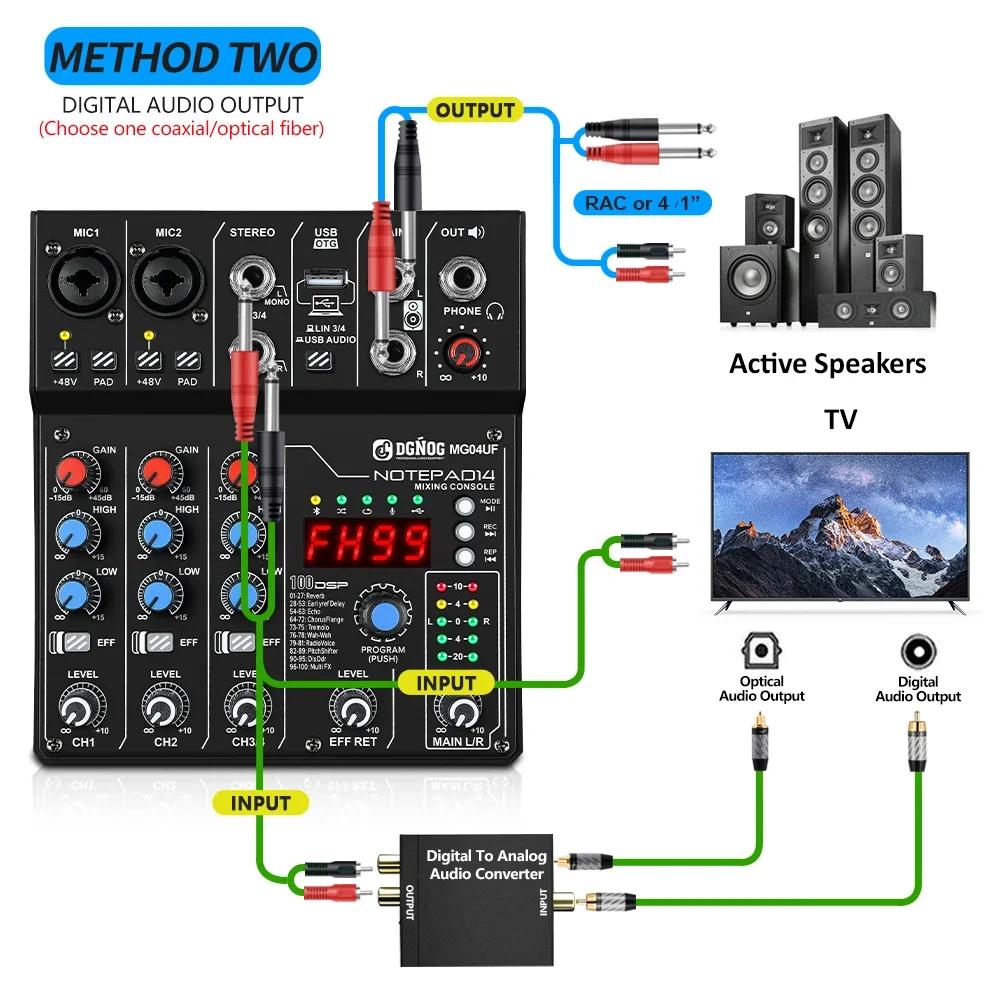 Mixer Audio 4 saluran, dengan mikrofon nirkabel UHF fungsi USB/Bluetooth 99DSP efek PC rekaman konsol DJ untuk Karaoke rumah