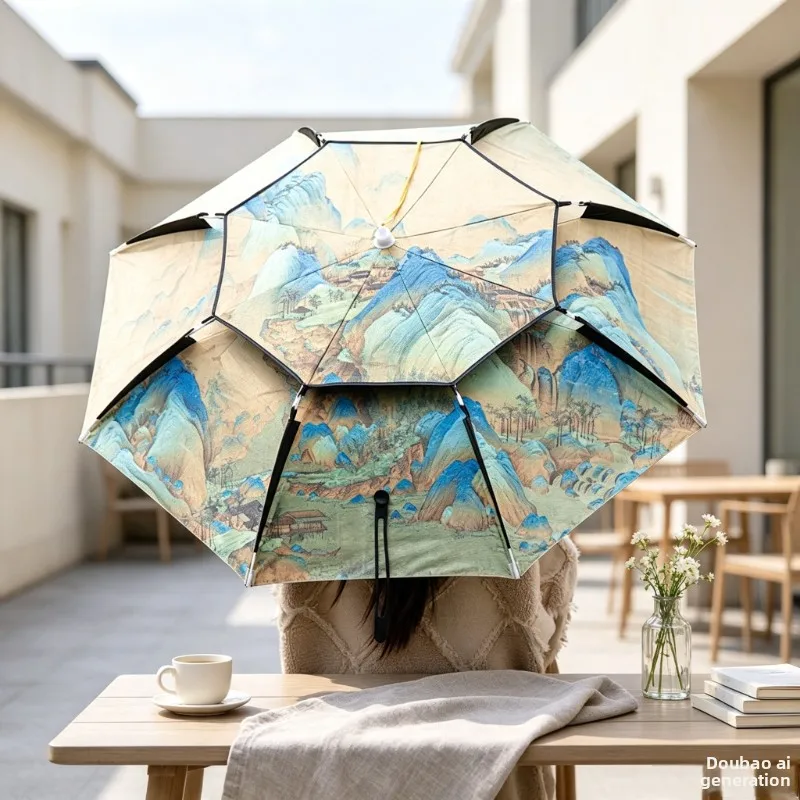 Aluminum Folding Umbrella Hat UV Blocking Sun Rain Cap Double Layer Portable Outdoor Fishing Gardening Headwear for Men Women