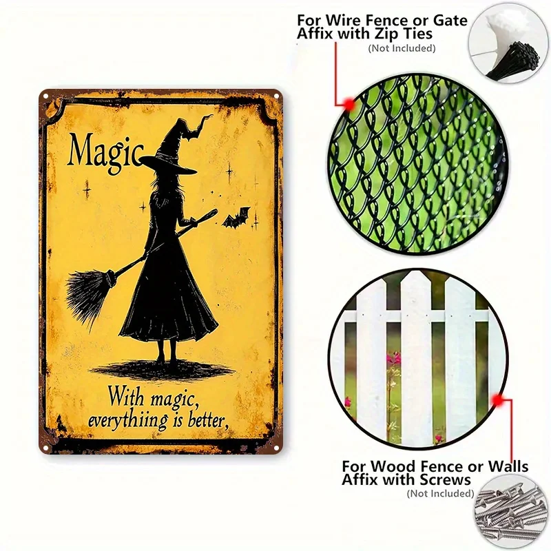 2D Flat, 1pc Vintage Witch on Broomstick Metal Wall Art - Gothic Iron Witchcraft Plaque with Magic Theme, 8x12 Inch (20x30cm) Ea
