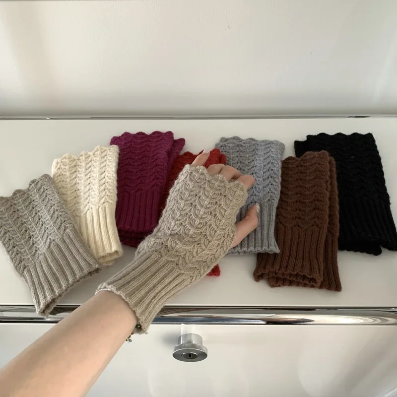 

Warm Half Finger Solid Color Gloves Solid Jacquard Fingerless Gloves Knitted Winter Gloves Fingerless Gloves For Women