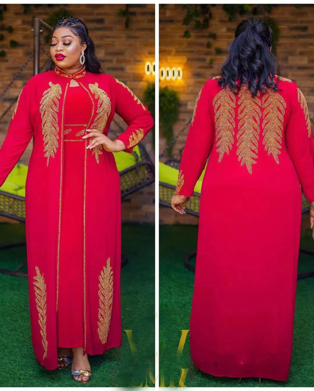 African Fashion Loose Stretch Evening Gown Front and Back Luxury Rhinestone Comfortable Long Sleeve Gown with Vertical Collar