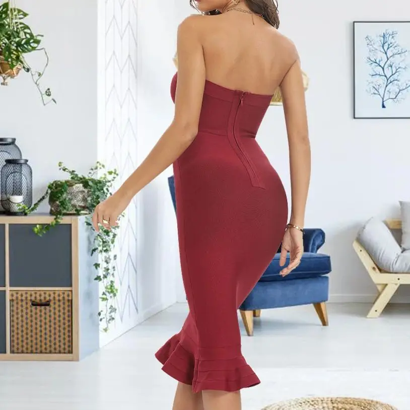 

HQBORY 2025 летнее женское бандажное платье без бретелек средней длины, женское элегантное вечернее платье без рукавов с рыбьим хвостом, облегающее