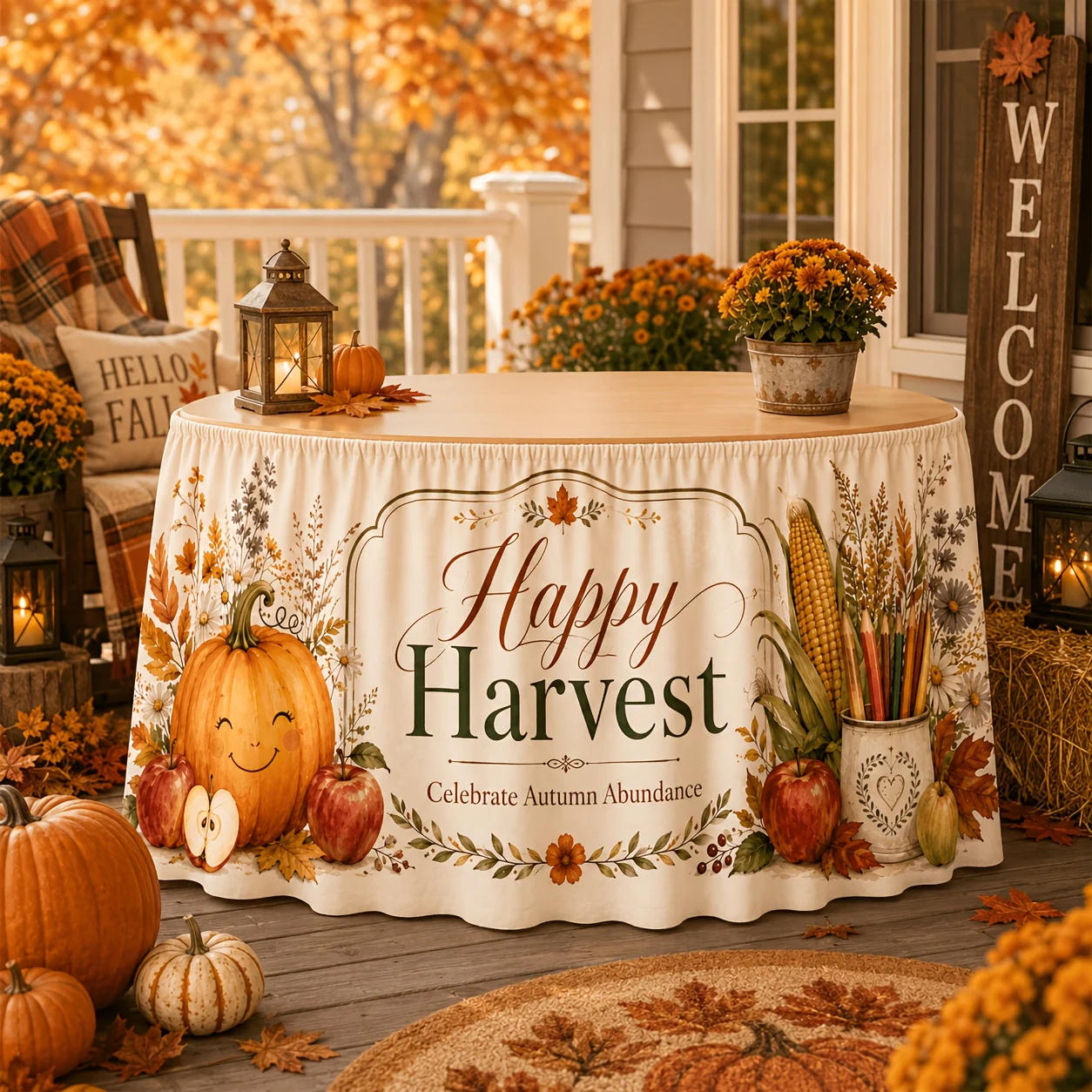Party table skirt - 1-piece set - Cute smiling pumpkin, apple, wildflower - Harvest and joy table skirt