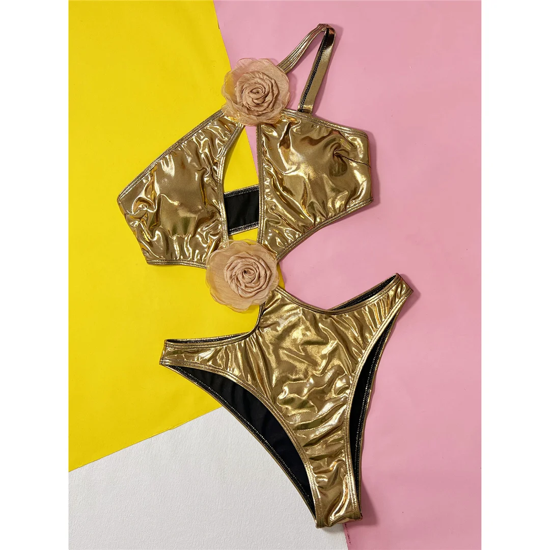 Neuer One-Shoulder-Badeanzug für Damen, sexy 3D-Blumenmuster, goldfarbenes PU-Kunstleder, einteiliger Badeanzug, Damen-Badebekleidung, Badeanzug V5229 – Detail 11