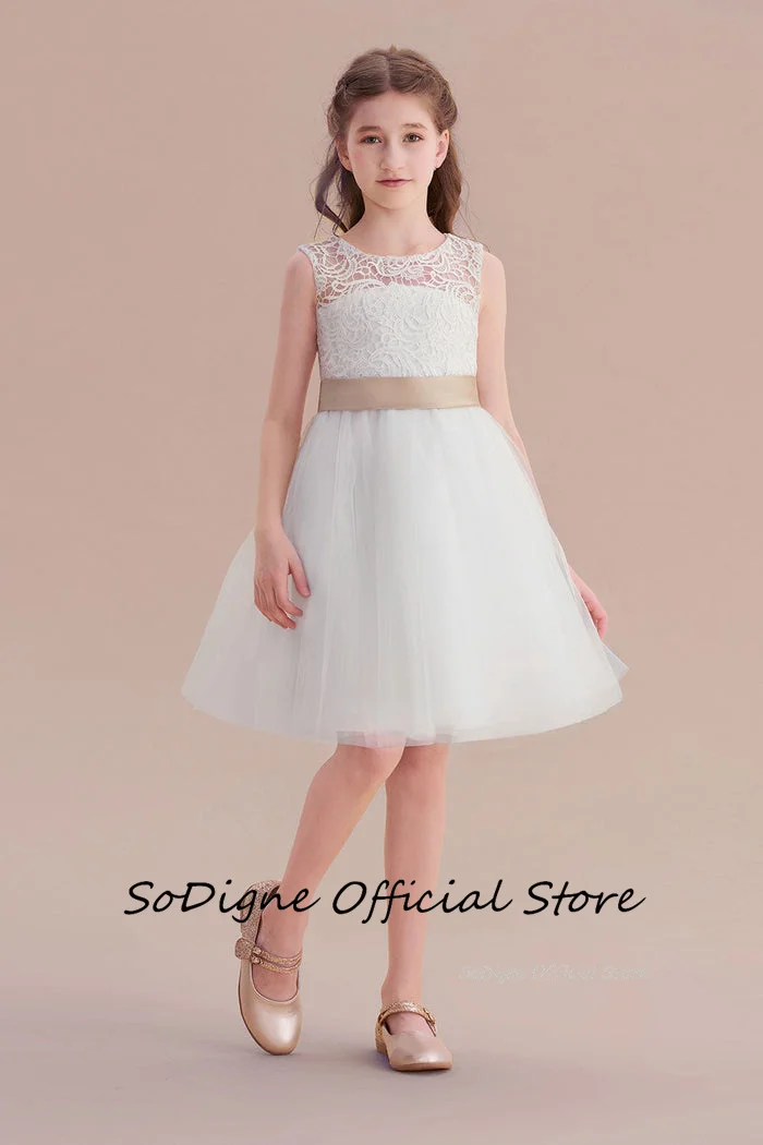 SoDigne Tulle/Lace A-line Flower Girl Dress O-neck Sleeveless Skirt Girls Party Dresses Knee Length Customized Kid Gown