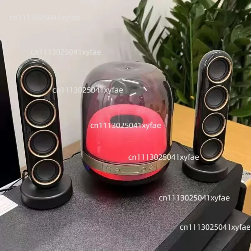 Home Wireless Stereo Speaker, Transparent HIFI Subwoofer with Colorful Ambient Light, Desktop Audio Support AUX TF Card