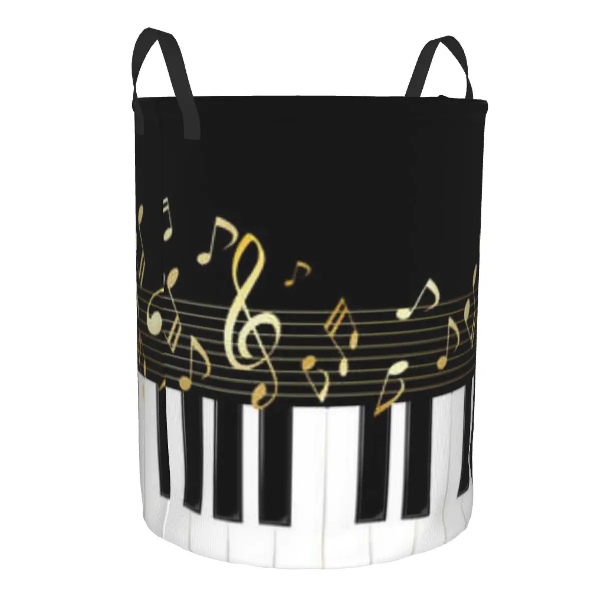 Folding Laundry Basket Piano Keyboard And Musical Notes Round Storage Bin Large Hamper Collapsible Clothes Bucket Organizer