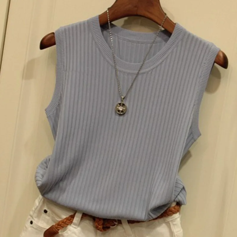 2024 Summer New Fashion Knitted Vests O-neck Sleeveless Casual Thin Tops Sleeveless Blouse Women Shirt