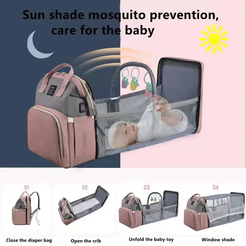 Mommy Baby Diaper Bag Backpack Changing Pad Shade Mosquito Net Wet and Dry Carrying USB Charging Port Stroller Hanging Bag Free