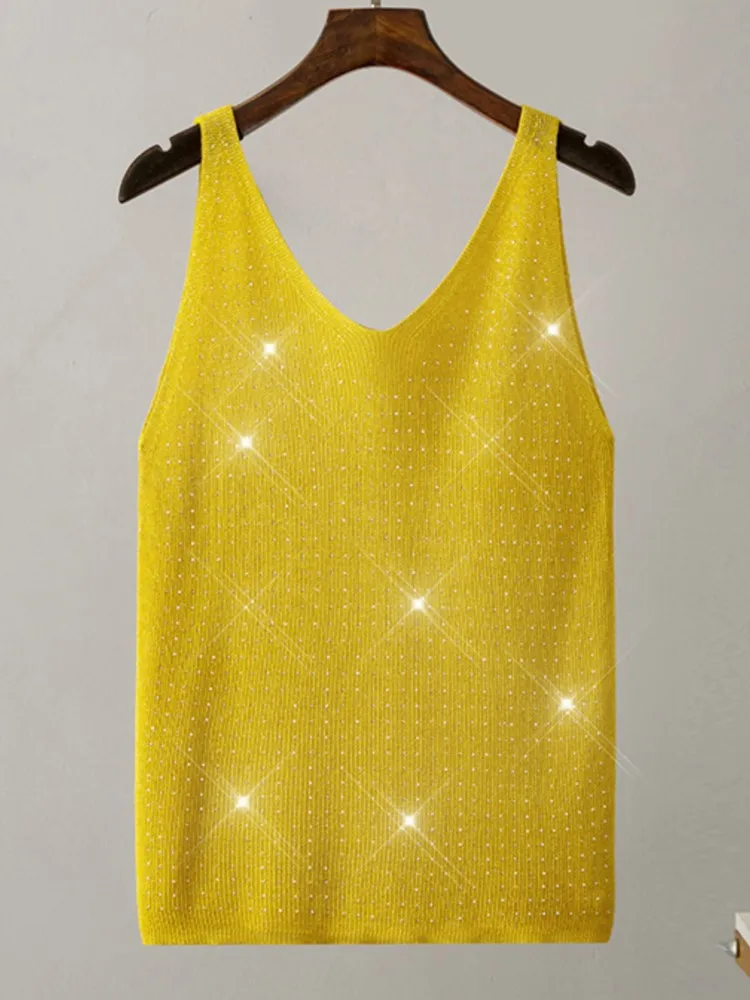 New Summer Knitted Camisole With Diamond V-neck Solid Color Slim Sexy Fashion Vest Top Womens Clothing