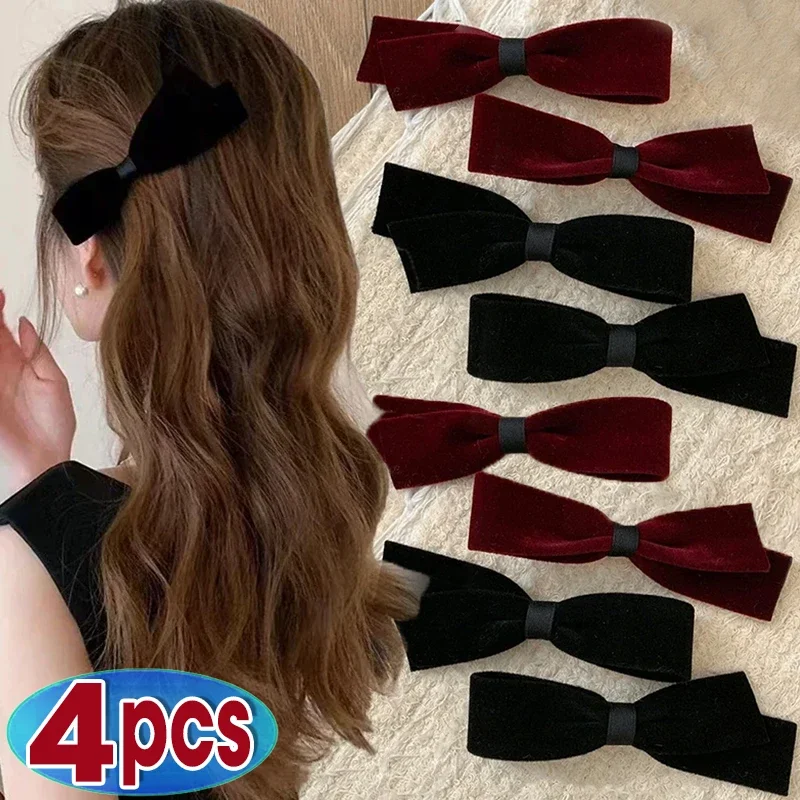 1/4 Buah jepit rambut busur beludru jepit rambut wanita elegan Vintage Perancis untuk jepit rambut perempuan hitam merah ikatan simpul mode hiasan kepala