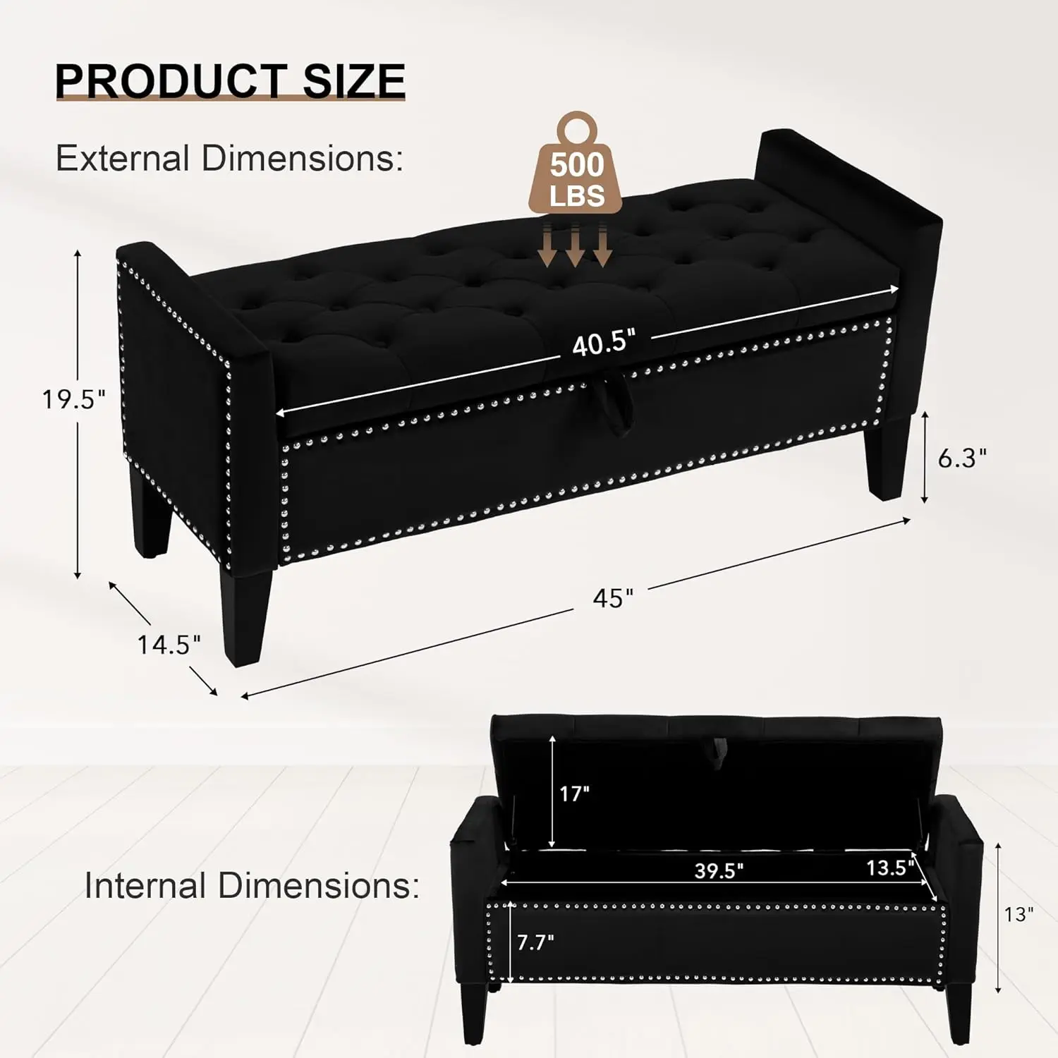 مقعد عثماني للتخزين معنقدة بأزرار منجدة حديثة، 45 مدخل أسود بأذرع، مثالي لغرفة النوم أو المدخل #2