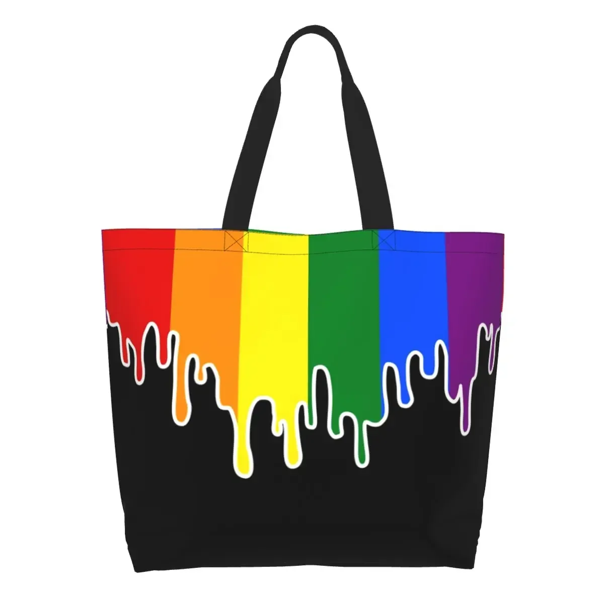 Custom Gay Pride Flag Drip Canvas Shopping Bags Women Portable Big Capacity Groceries Rainbow LGBT Shopper Tote Bags