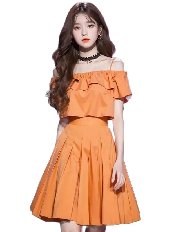 Korea High Waist Skirt Ladies Summer Clothes Women'S A Line Harajuku Mini Pleated Skirt For Girl Uniform Two-Piece Suit