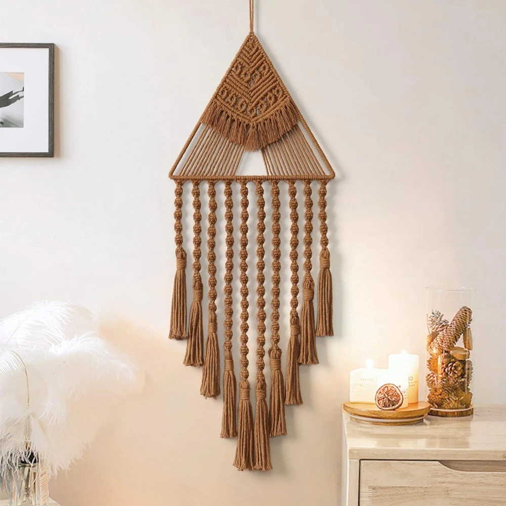 Macrame Dream Catcher Wall Hanging Decor Brown Triangle Woven Tassel Tapestry Art Boho Apartment Bedroom Door Home Decoration