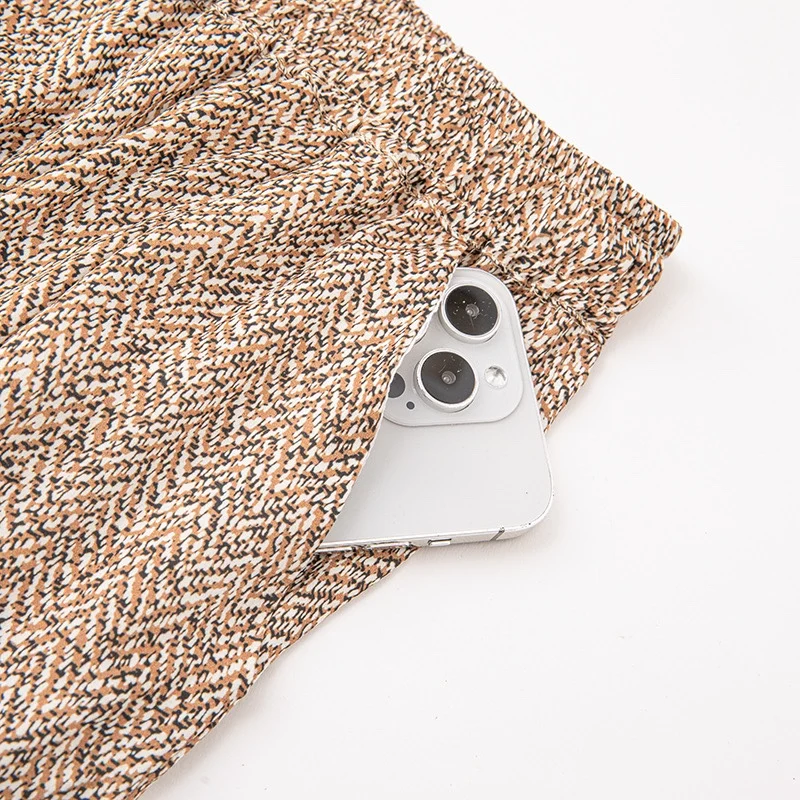 95% التوت الحرير 5% دنة جورجيت الحرير النساء السراويل الجمل المطبوعة واسعة الساق السراويل الطويلة مرونة الخصر مع جيوب QQ049