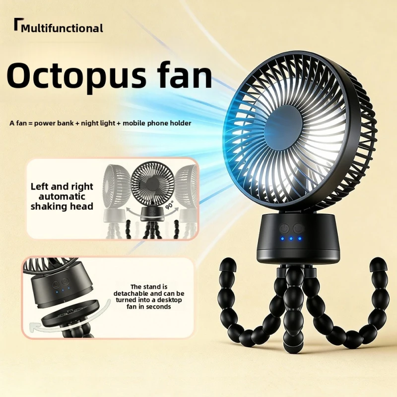 10000mAh Capacity USB Rechargeable Octopus Oscillating Fan Small Handheld High Wind Fan Removable Washable Desktop Cooling Fan