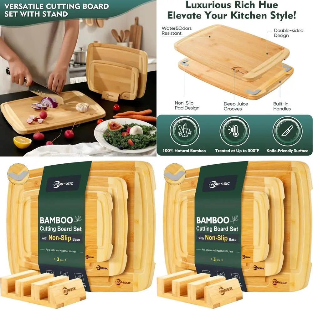 

3-Piece Bamboo Cutting Board Set with Anti-Slip Holder and Over Sink Use - Thick, Durable Kitchen Boards for Chopping Vegetables