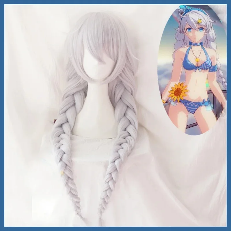 2025 Kiana Kaslana Cosplay Wig Braids Ponytails Silver Grey Long Heat Resistant Hair