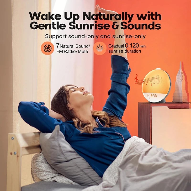 ساعة منبه خفيفة للاستيقاظ مع محاكاة شروق الشمس وراديو FM وإضاءة ليلية بجانب السرير وساعة رقمية للاستيقاظ الطبيعي اللطيف