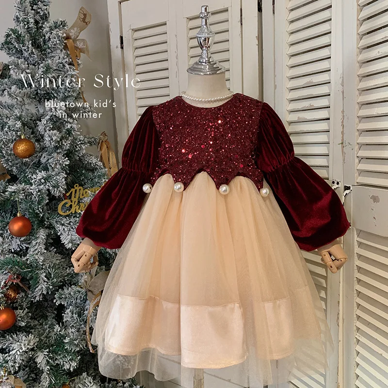 Girls' Autumn and Winter New Fashionable Christmas One-Year-Old Sequin Pearl Velvet Red Princess Dress
