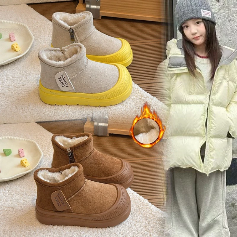Child Snow Boots 2026 Spring and Autumn New Korean Edition Girls' Thick Boken Boots Fashion Girls' Plush Warm Cotton Boots