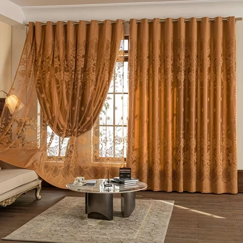 1pc Luxury Finished Blackout Double-Layer Curtain, European & American Style, for Living Room, Balcony, Dining Room  Home Office