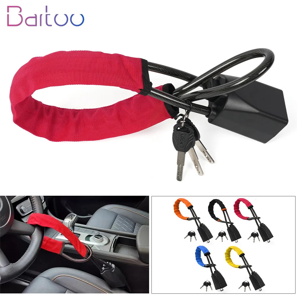 Bartoo-Steering Wheel Lock With Seat Belt Socket 5mm Thick Braided Steel Rope With 3 Keys Anti-Theft Safety Lock STW049