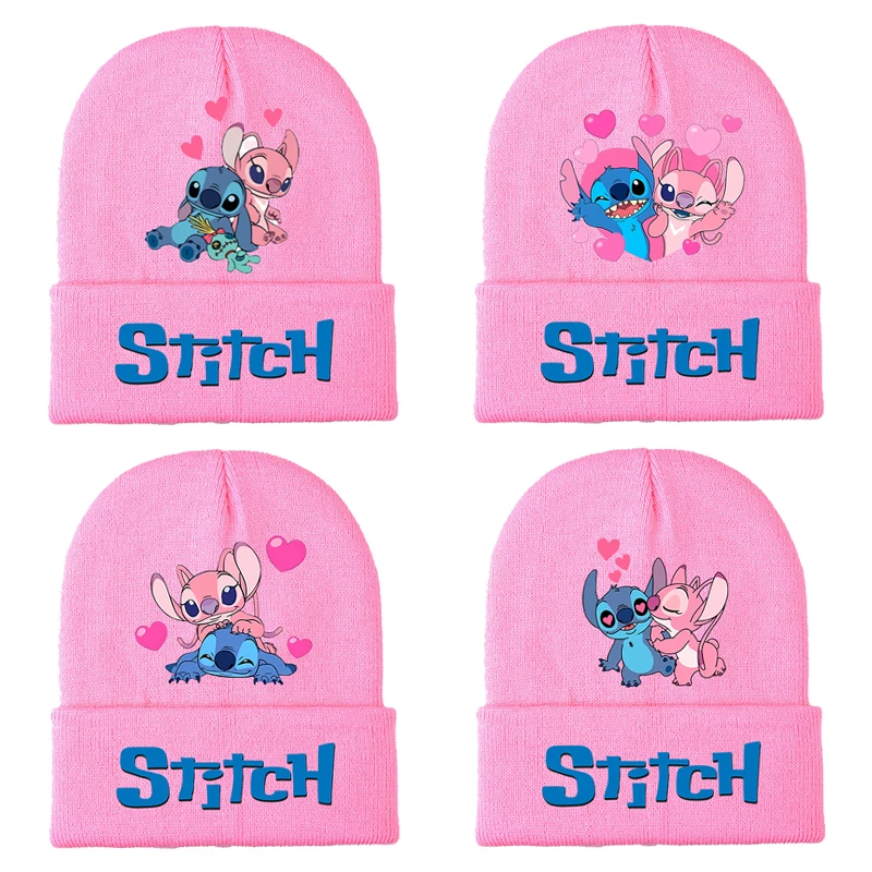 Disney Stitch Girls Knitted Hat Anime Cartoon Printed Woolen Cap Winter Outdoor Warm Hats Kawaii Casual Caps Kids Birthday Gifts