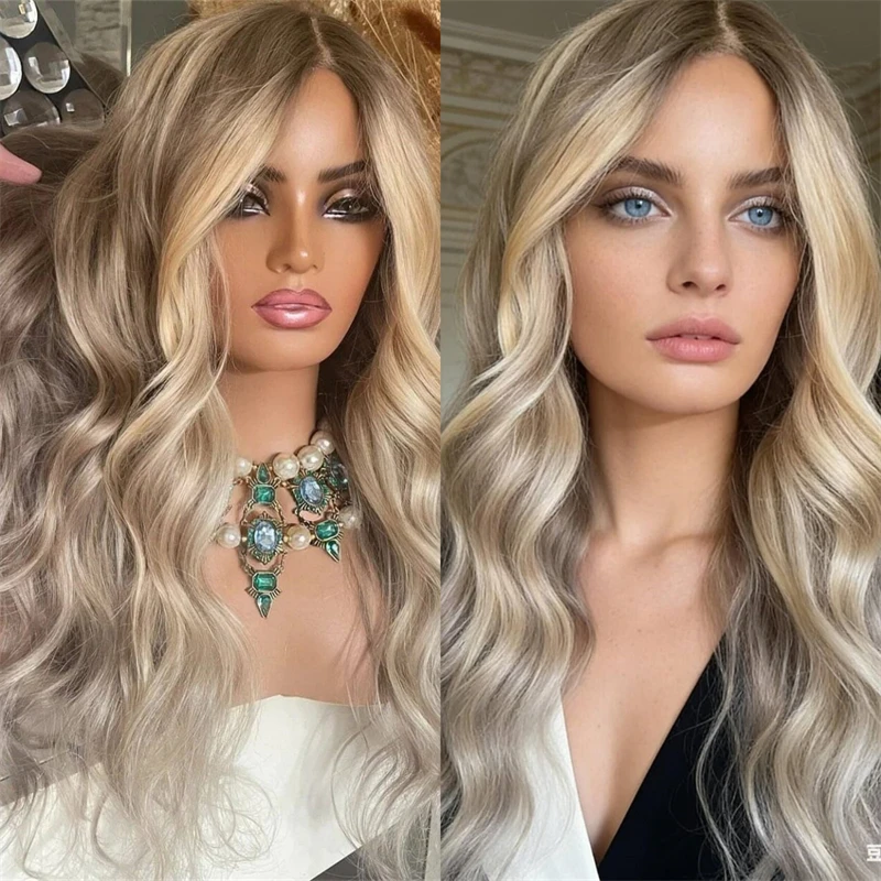 13x4 Ombre Ash Blonde Brown Blonde Synthetic HD Lace Front Wig with Roots Glueless Luxury Women's Wig Realistic Lace Front Wig