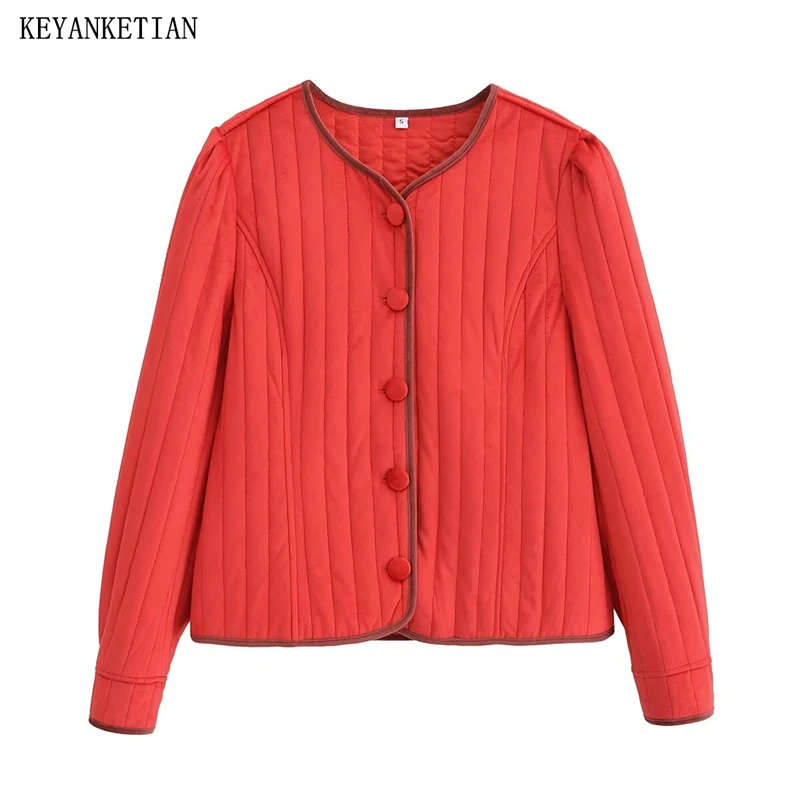 KEYANKETIAN 2024 Autumn/Winter New Women Velvety cotton coat Retro style Single Breasted Quilting Straight Thin Blazer Outerwear