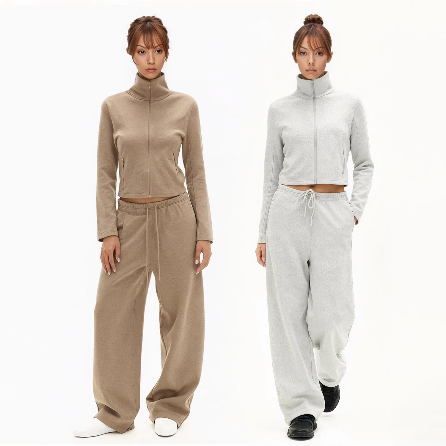 

C-GEM-American Vintage Skin-Touch High Neck Zipper Sweatshirt Jacket Casual Banana Taper Sweatpants S