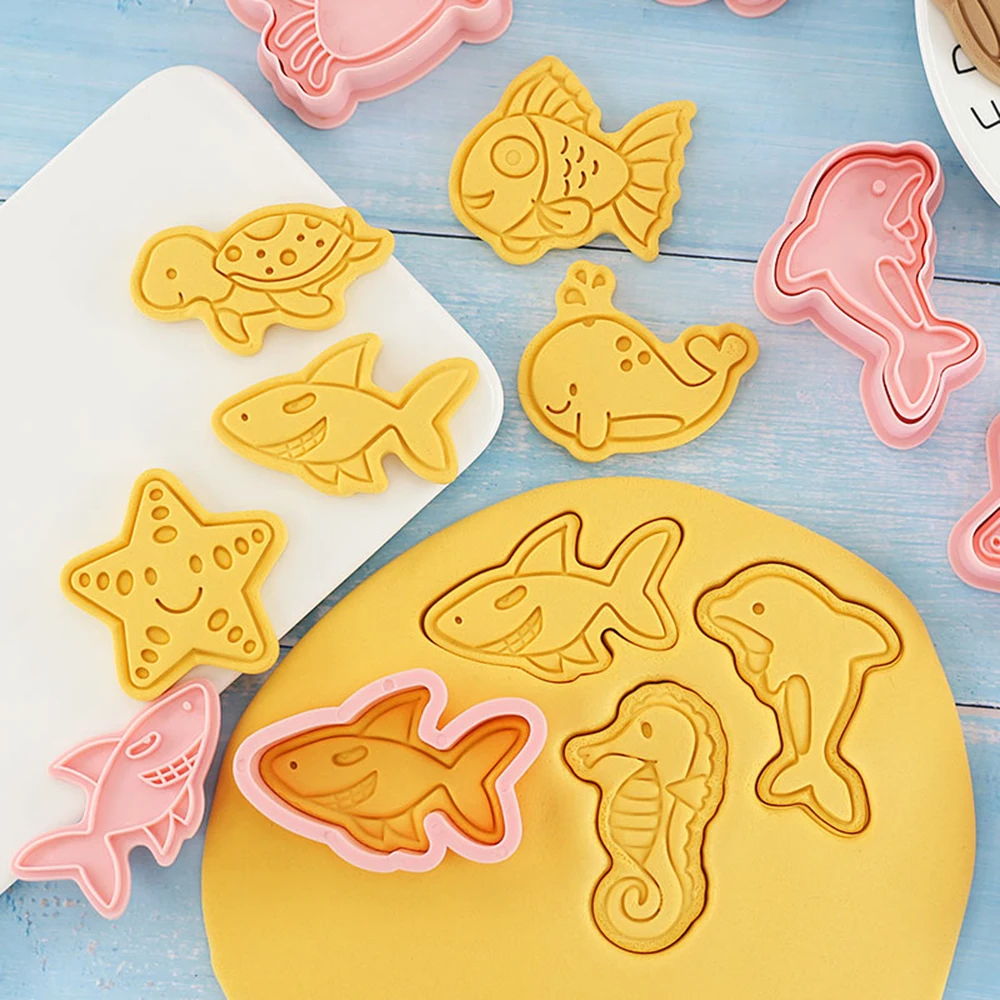 8Pcs Sea Animals Cookie Cutter Mermaid Party Stamp Molds Whale Turtle Cookie Type Kid Birthday Party Baking Biscuit Accessories