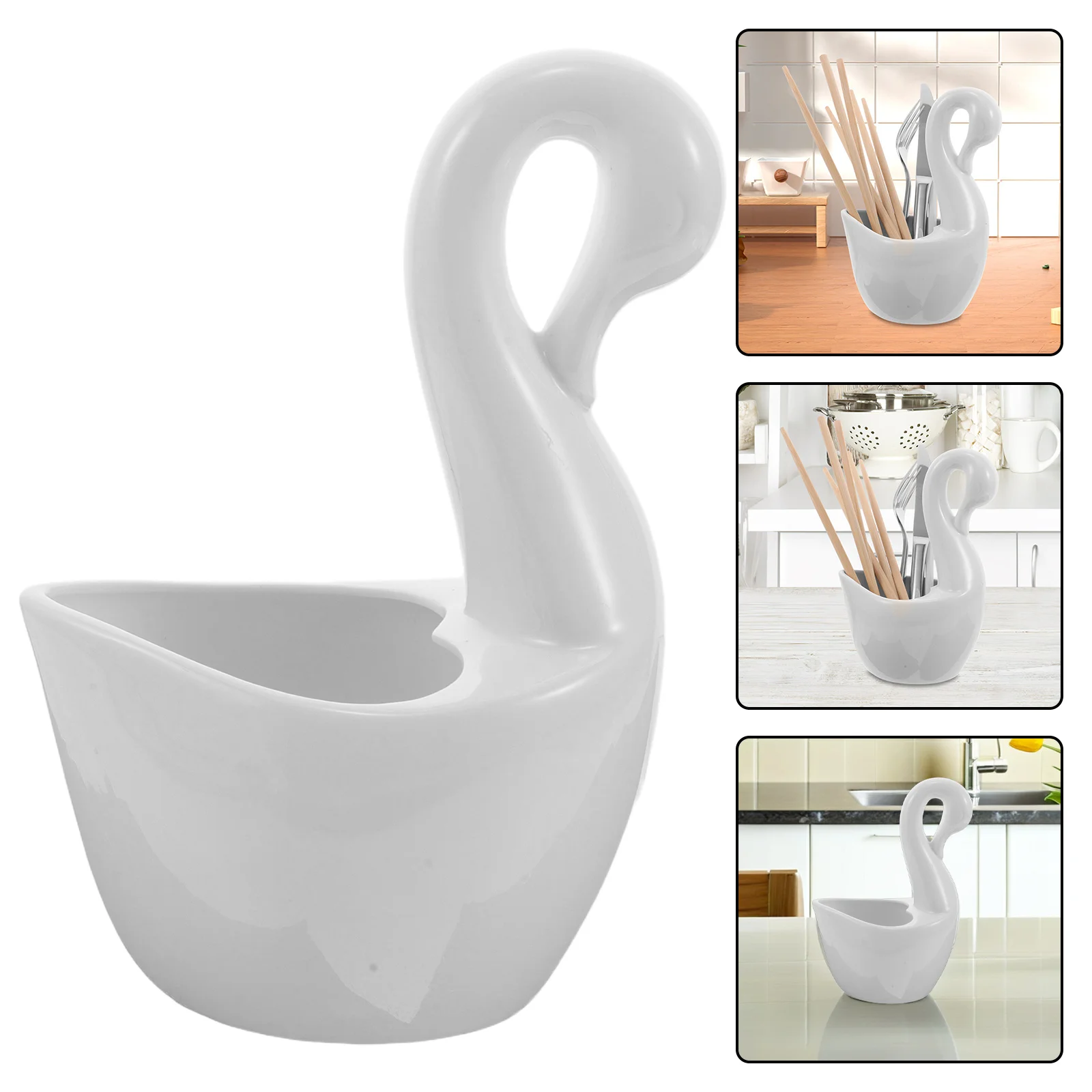 

Ceramic Swan Base Kitchen Utensil Holder Elegant Spoon Fork Organizer Flatware Storage Rack for Dining Table Countertop