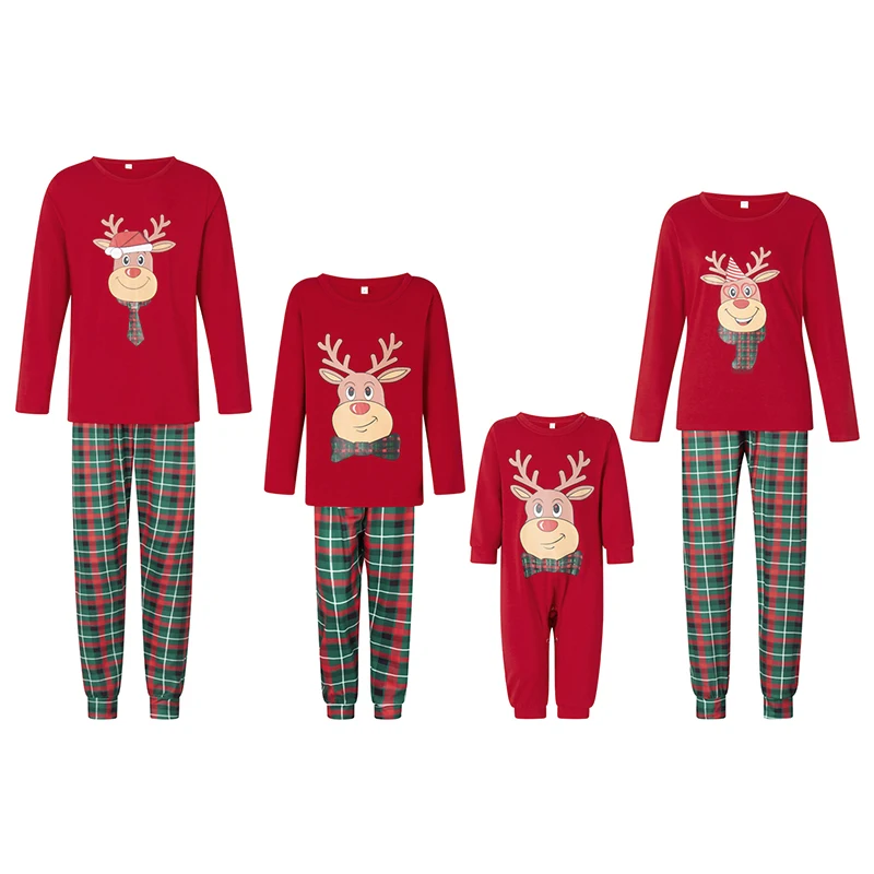 2025 Family Matching Christmas Pajamas Set Deer Head & Plaid Print Holiday Pajamas Sleepwear Dad Mom Kids PJs