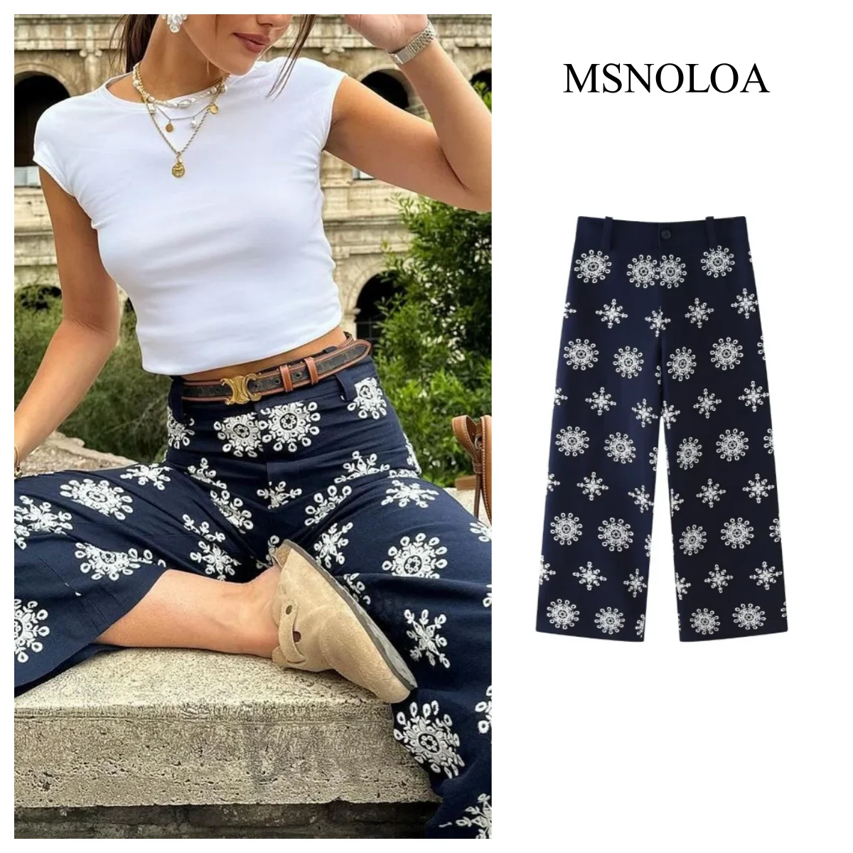 Msvoloa Holiday White Floral ricamo Navy pantaloni da donna eleganti pantaloni dritti a vita alta Bohimian Traf Leg Pants Casual