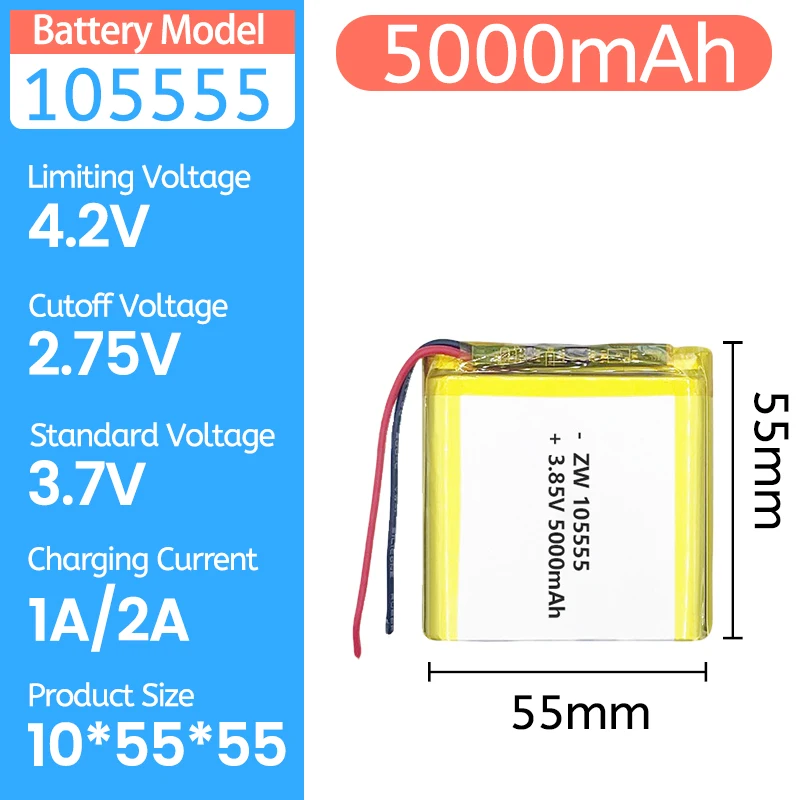 

Литий-полимерный аккумулятор 3.7V 105555, 10*55*55мм, 5000мАч, для повербанка, навигатора, планшета, MID, батарея 3.7V
