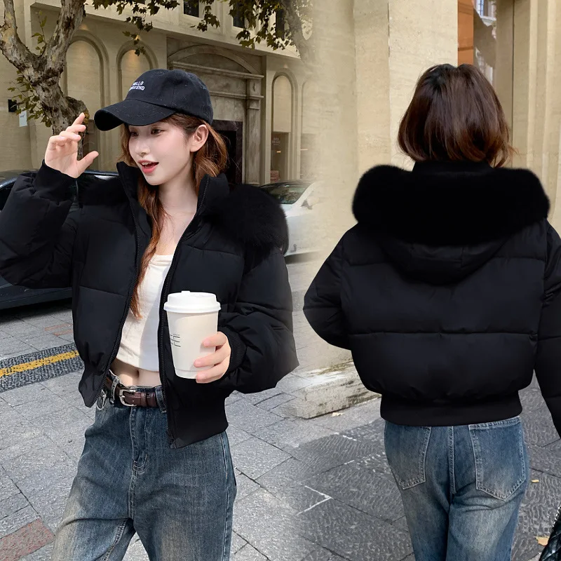 PinkyIsBlack Hooded Fur Collar Cotton Padded Jacket Women's Winter Clothes 2025 New Thickened Warm Short Bread Jacket Outwear