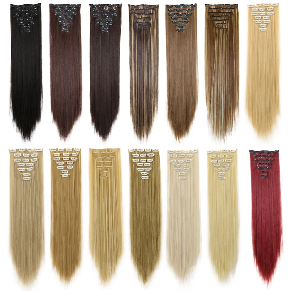 Extensiones de clip LANSA de 7 clips, largas, lacias, sintéticas, fibra de alta temperatura, negro/marrón, postizo 4