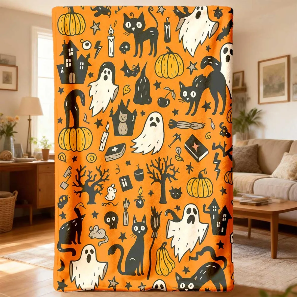 Halloween Fluffy Flannel Blanket with Ghost Pumpkin Haunted House Print, Washable Universal Throw for Men Women, Birthday Gift