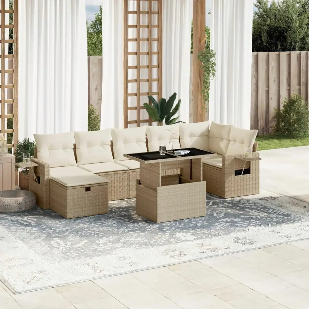 

Beige PE Rattan Garden Sofa Set with Large Adjustable Armrests Stylish Outdoor Furniture