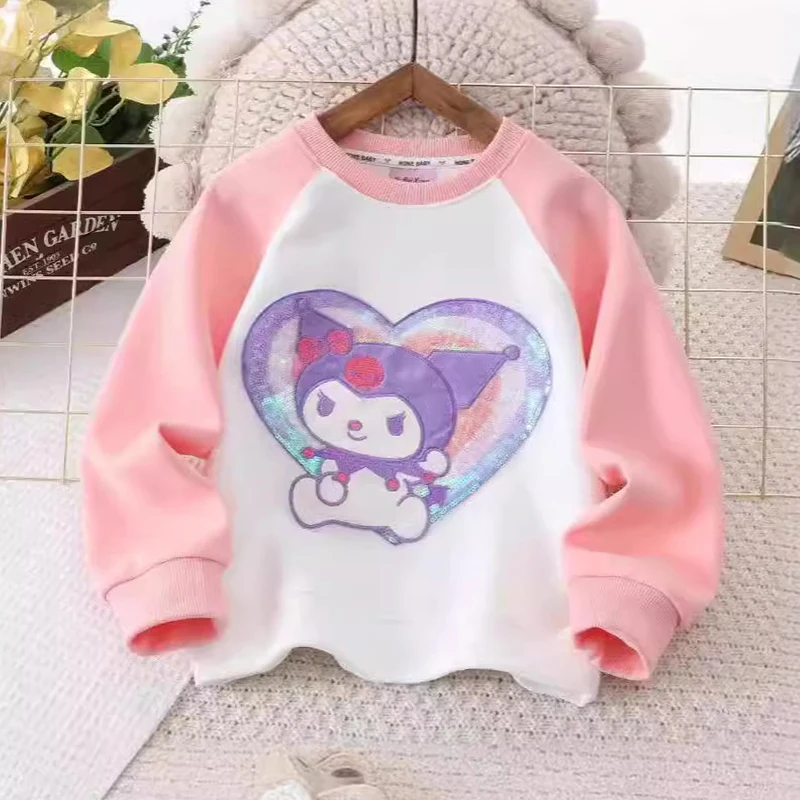 Kuromi-Sudadera con capucha de lentejuelas de cuello redondo para niños, ropa Kawaii de Anime Sanrio, patrón de dibujos animados, manga larga, regalo para niños, 2024